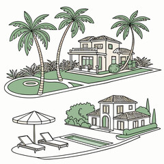 Tropical resort villas with palm trees and swimming pools