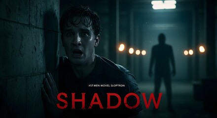 A hunted man looks back in terror while hiding from a menacing silhouette in a dark, creepy underground passage.