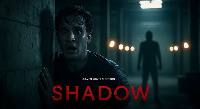 A hunted man looks back in terror while hiding from a menacing silhouette in a dark, creepy underground passage.