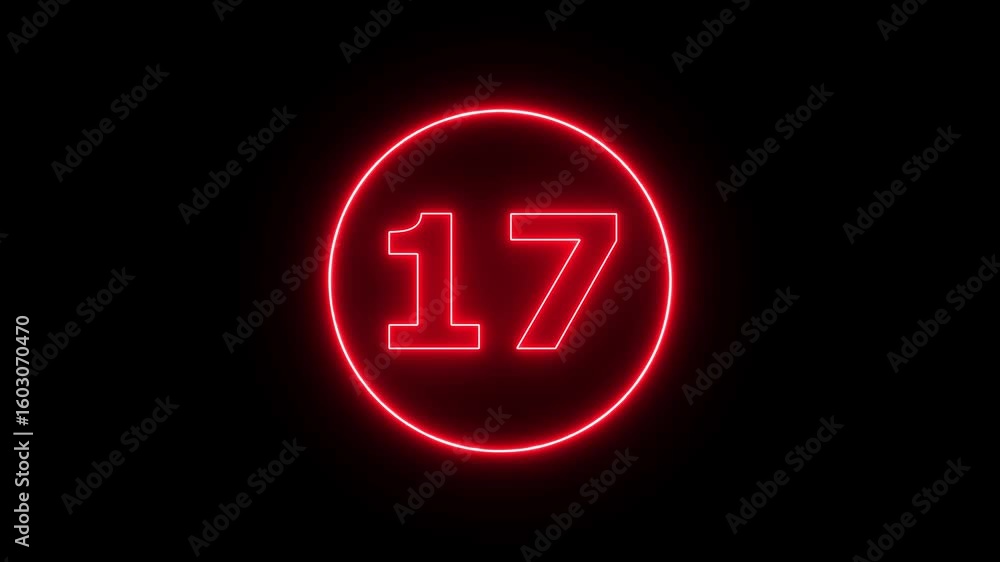 Poster neon line red color number icon animation with 17 number