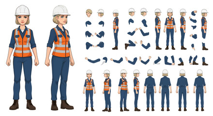 Obraz premium Illustration of a female construction worker with interchangeable body parts for animation or design, wearing a hard hat and safety vest.