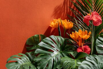Vibrant tropical foliage against a bold orange background