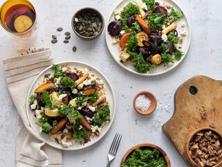 Top view healthy vegetarian dinner with root vegetables salad