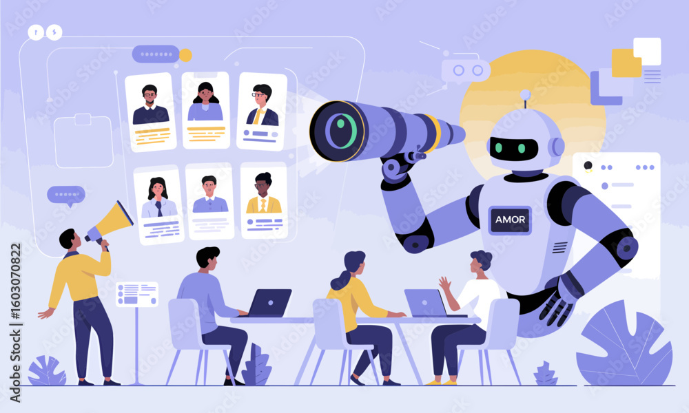 Poster illustration of a robot using a telescope to select candidates from a screen, while people work at l