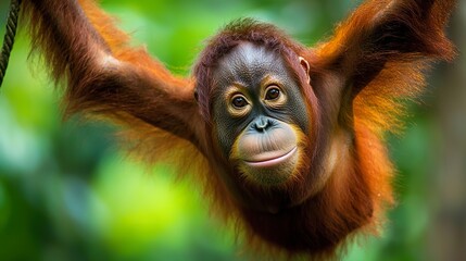 Naklejka premium Orangutan swinging gracefully through rainforest canopy, natural habitat, playful, wild