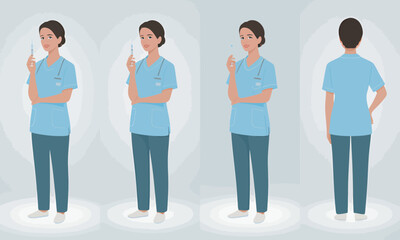 Obraz premium Illustration of a female nurse in various poses, holding a syringe and wearing a stethoscope and scrubs.