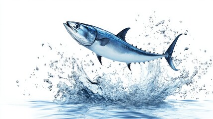 Fototapeta premium Tuna fish leaping out of the ocean water in dynamic motion, isolated on clean white background for marine life, seafood, and fishing concept visuals