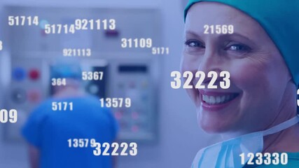 Female surgeon turning head toward camera in operating room creating floating numeric data overlays - Powered by Adobe
