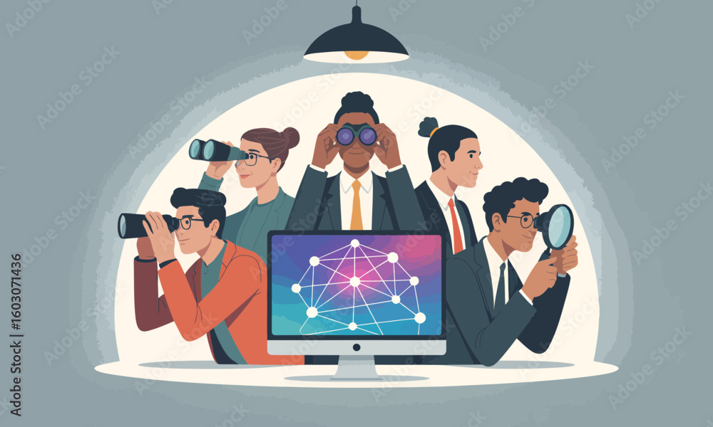 Poster a diverse group of professionals use binoculars and a magnifying glass to observe a network displaye
