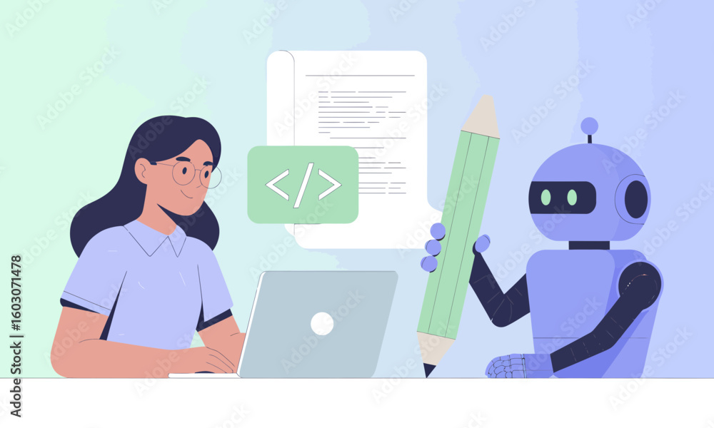 Poster a woman works on a laptop while a robot holds a large pencil, symbolizing ai assistance in writing o