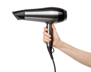 A persons hand holding a sleek modern hairdryer with a black cord against a clean transparent background