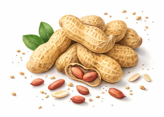 Pile of raw peanuts in shells with some shelled peanuts and green leaves on a white background