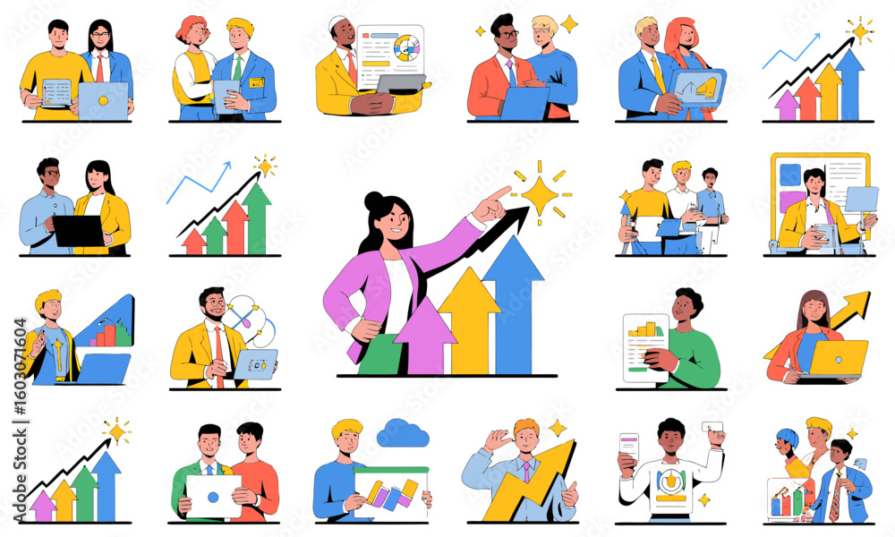 Poster a collection of vector illustrations depicting diverse business teams collaborating, analyzing data,