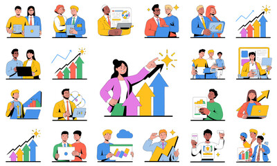 Fototapeta premium A collection of vector illustrations depicting diverse business teams collaborating, analyzing data, and achieving success with upward trending graphs and symbolic elements.