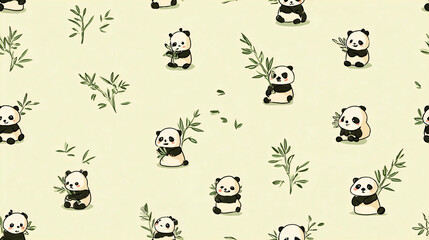 Fototapeta premium Seamless Pattern of Cute Cartoon Pandas with Bamboo Leaves on Light Yellow Background, Animal Illustration