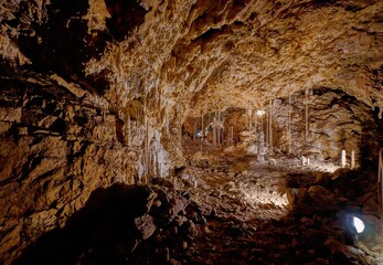 Interior View of Kateřinská Cave in Moravian Karst – Limestone Formations and Stalactites