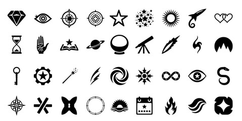 Mystical icon set featuring esoteric symbols like stars, eye, key, planet, fire, infinity and nature elements, perfect for fantasy, spirituality, witchcraft and occult-inspired design projects