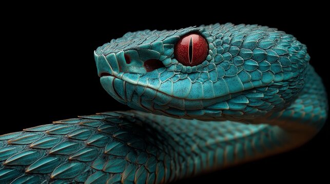A mesmerizing close-up captures the intricate details of a turquoise snake, its scales shimmering with an ethereal glow, and intense red eyes piercing through the darkness, evoking a sense of mystery.