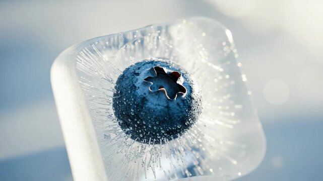 Frozen Blueberry in Ice Cube Close-Up