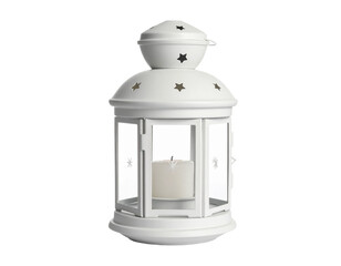 A white decorative lantern with a lit candle inside, providing a warm glow, isolated on white.
