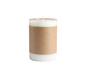 A modern scented candle in a beige container, offering a relaxing aroma, isolated on white.
