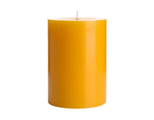 A large, unlit yellow pillar candle, angled view, perfect for home decor and ambiance, isolated on a white background.