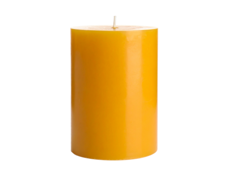 A large, unlit yellow pillar candle, angled view, perfect for home decor and ambiance, isolated on a white background.