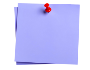 Purple sticky post-it note with red pushpin isolated on transparent background.