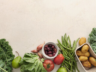 Fresh local produce from the market. Top view various ingredients for cooking healthy vegetarian meal