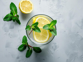 Flatlay of iced lemon tea in clear glass with lemon slices, placed on beige rattan mat with soft shadow and tropical summer mood.