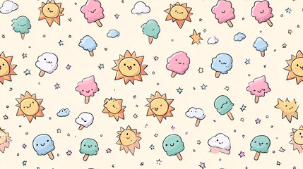 Obraz premium Cute Kawaii Pattern with Smiling Sun, Clouds, Ice Cream, and Stars on a Cream Background
