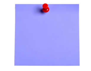 Purple sticky post-it note with red pushpin isolated on transparent background.