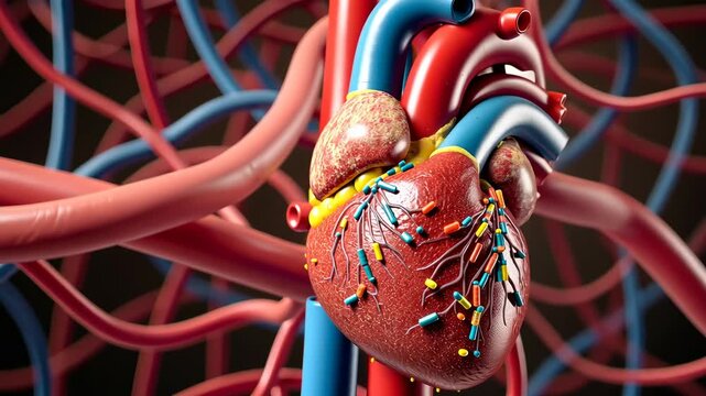 arteries, arterial pressure, vascular health. Heart diagram. Capillaries constrict under low pressure. Vein elasticity enhances oxygen delivery. Cardiovascular efficiency supports organ function.