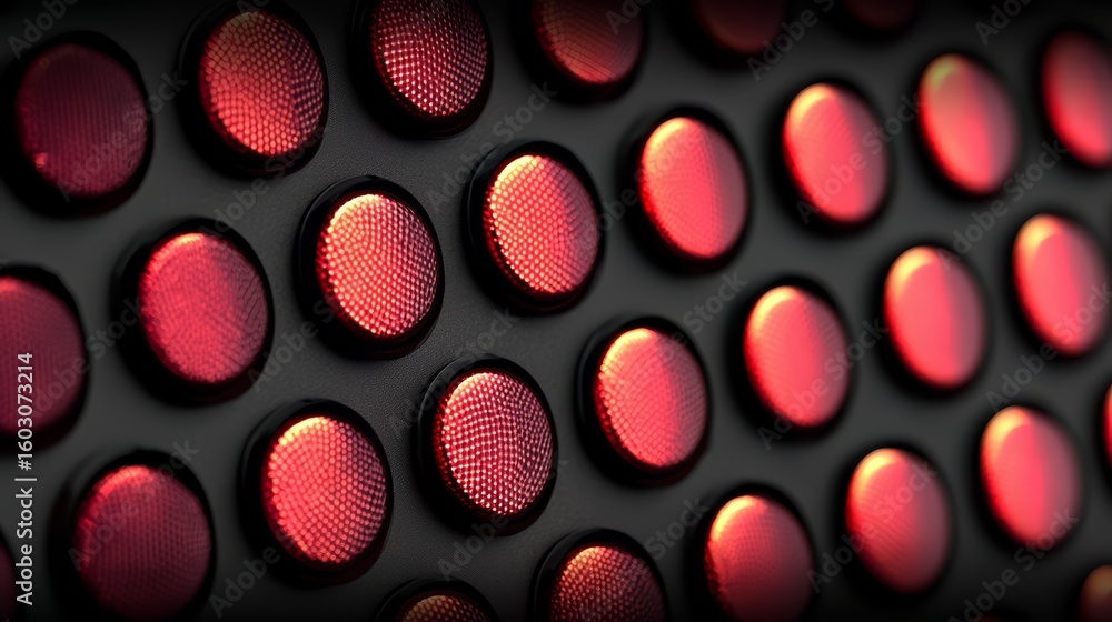 Poster close up of many red buttons with a black background
