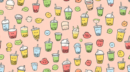 Cute Bubble Tea Seamless Pattern with Kawaii Faces, Colorful Boba Drinks on Light Pink Background