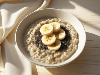 Flatlay of oatmeal porridge with sliced banana and chia seeds, served in white ceramic bowl on light wooden surface. Warm morning vibes with soft shadows.