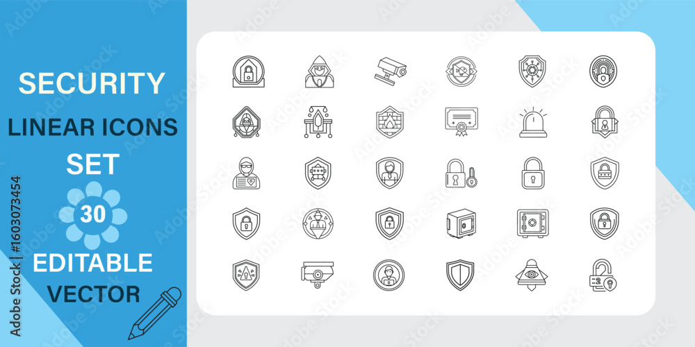Poster thirty editable vector linear icons depicting various security and protection symbols, including shi