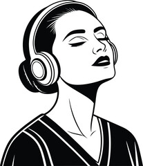 Elegant black and white illustration of a woman listening to music through headphones with eyes closed depicting serenity and enjoyment
