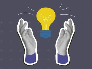 Black and white hands holding a glowing lightbulb. Modern collage style. Vector illustration