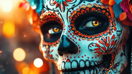 Eye-catching image of a skull painted in vibrant colors surrounded by dancing flowers.