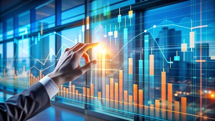 A businessmans hand touches a glowing financial graph on a futuristic screen overlooking a city at night