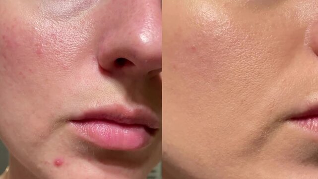 Detailed skin close-up video showing visible acne, pores, and redness before treatment, followed by smooth, healthy-looking skin after care. Ideal for skincare or cosmetic use.