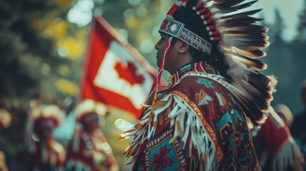 Obraz premium A profile view of an Indigenous performer at a powwow, wearing a traditional feathered headdress and ornate regalia. The Canadian flag is visible in the background, creating a powerful cultural scene