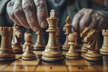 Fototapeta premium An intense close-up of a chess game in progress. The focus is on a wooden king, with a player's hands blurred in the background as they contemplate their next strategic move