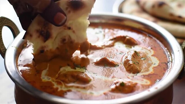 Savoring a traditional Indian meal, a hand dips warm naan bread into a bowl of rich, creamy curry.