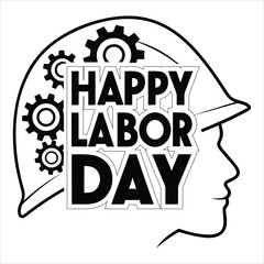Happy Labor Day Silhouette Design Inside Hard Hat with Bold Lettering and Gear Icons Monochrome Style