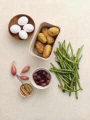 Fresh local produce from the market. Top view various ingredients for cooking healthy vegetarian meal