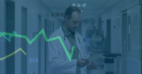 Mature doctor holding chart in hospital hallway seeing animated graphs sweeping assessing trends