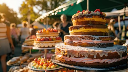 A delicious, multi-tiered homemade cake stands on display at a sunny outdoor food festival. The rustic cake is decorated with cream and berries, with a festive market scene blurred in the background