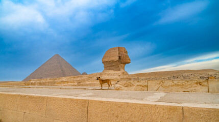 The Great Sphinx and pyramid of Khufu in Giza, Cairo, Egypt
